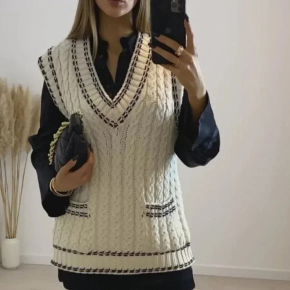 Zara Cable Knit Whip Stitch Sweater Vest Ecru Black Size Small - Picture 8 of 12